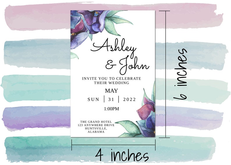 Invitation, Digital Download Template, Purple Flower Wreath Etsy