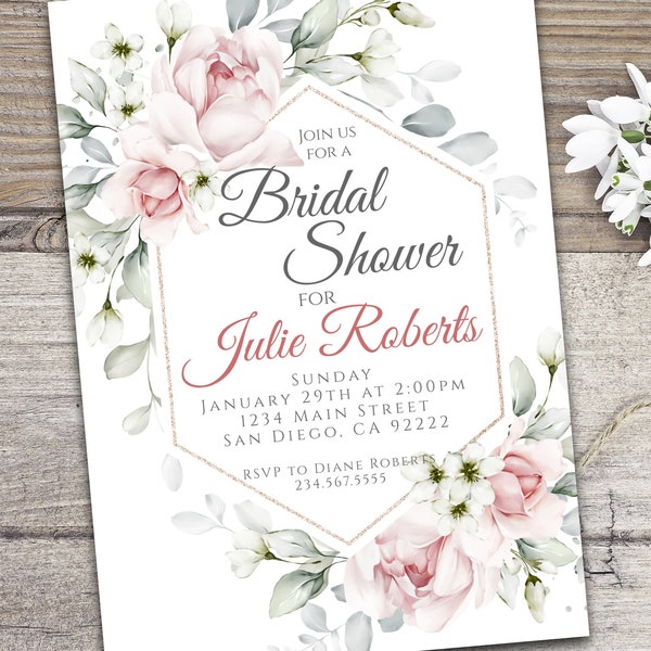 Bridal Shower Invitation - Pale Pink Flowers with Diamond Wreath