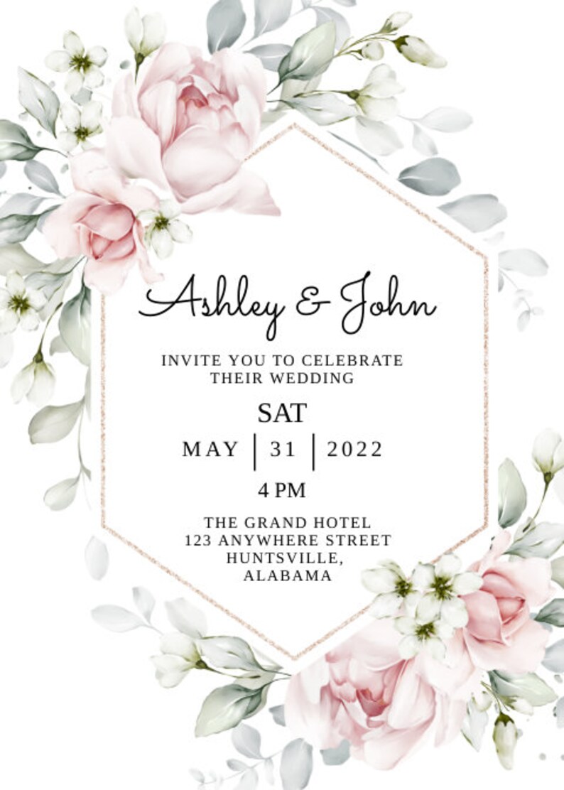 Invitation, Digital Download Template, Pale Pink Flower Wreath Etsy