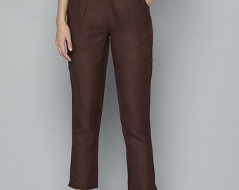 Women Cotton Flex Brown Pants, Solid High-Rise Pants, Cotton Flex Trousers for Women, Summer Pants, Customizable Pants