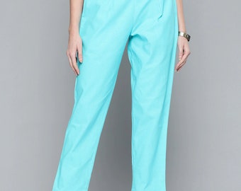 Pantalon bleu turquoise en coton flexible pour femme, Pantalon uni taille haute, Pantalon en coton flexible pour femme, Pantalon d'été, Pantalon personnalisable