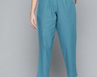 Women Cotton Flex Teal Blue Pants, Solid Mid-Rise Pants, Cotton Flex Trousers for Women, Summer Pants, Customizable Pants