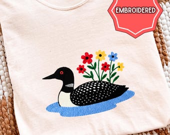 Loon Wildflower Embroidered Birding Shirt, Wildlife Lake Shirt Gift for Bird Lovers