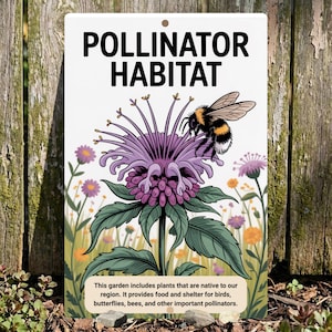 May include: A white metal sign with the words "POLLINATOR HABITAT" in black. The sign features a purple flower with a bee and other flowers. The text at the bottom says the garden includes native plants for pollinators.