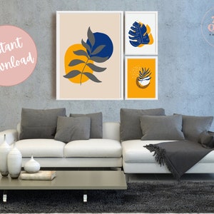 Indigo and Honeycomb Abstract Printable Wall Art Set of 3, Large Size Minimalist Print Download, Modern Wall Decoration Gift, Plant Abstract