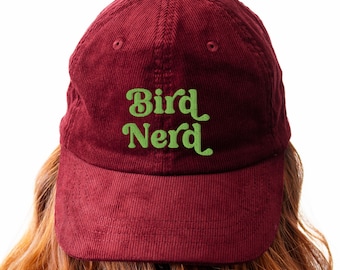 Cappello in velluto a coste ricamato Bird Nerd, regalo retrò per birdwatcher e amanti della natura