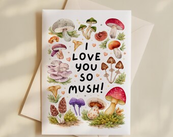Love You So Mush Card, Valentine's Mushroom 5x7 Card, High Quality Card for 1st Anniversary, Husband, Wife, Boyfriend, Girlfriend