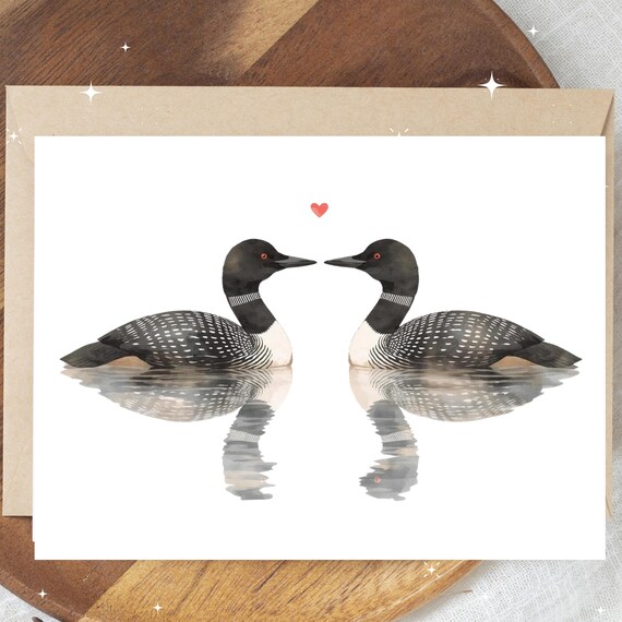 Romantic Common Loon Couple Card for Valentine’s Day, Anniversary, A2 Blank Bird Love Card with Kraft Envelope, Bird Nerd Gift Idea
