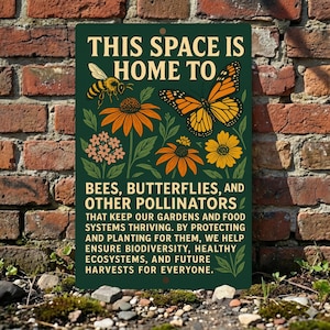 May include: A rectangular dark green metal sign with the text THIS SPACE IS HOME TO BEES, BUTTERFLIES, AND OTHER POLLINATORS THAT KEEP OUR GARDENS AND FOOD SYSTEMS THRIVING. It features illustrations of a bee, a monarch butterfly, and flowers.