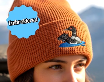 Loon With Binoculars Embroidered Birding Waffle Beanie, Wildlife Lake Hat Gift for Bird Lovers