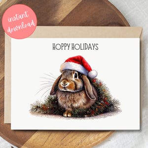 Hoppy Holidays Greeting Card / Christmas Printable Cards / Cute Bunny Christmas Card