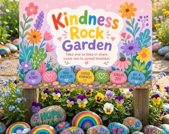 Kindness Rock Garden Sign, Painted Rocks Sign, Rainbow Outdoor Rated Gift for Teacher