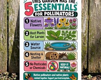 May include: A rectangular metal sign titled This Garden Has The 5 Essentials For Pollinators. It lists five numbered points with illustrations: native flowers, host plants for larvae, a water source, nesting and shelter, and no pesticides.