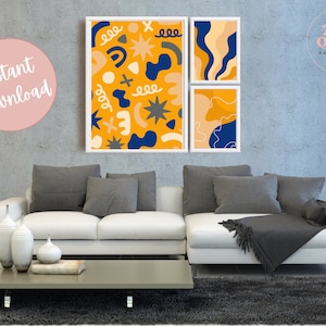 Indigo and Honeycomb Abstract Printable Wall Art Set of 3, Large Size Minimalist Print Download, Modern Wall Decoration Gift, Background