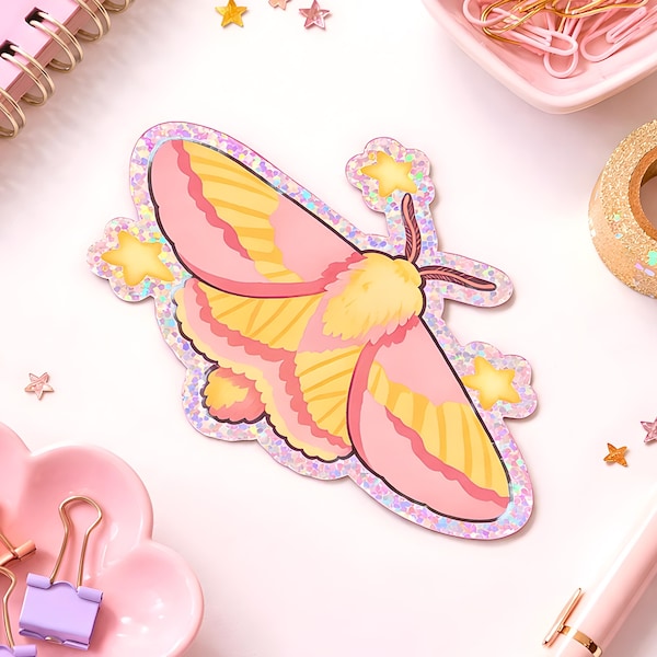 Rosy Maple Moth Sticker, Glitter Waterproof Sticker, Whimsigoth Gift for Nature Lovers