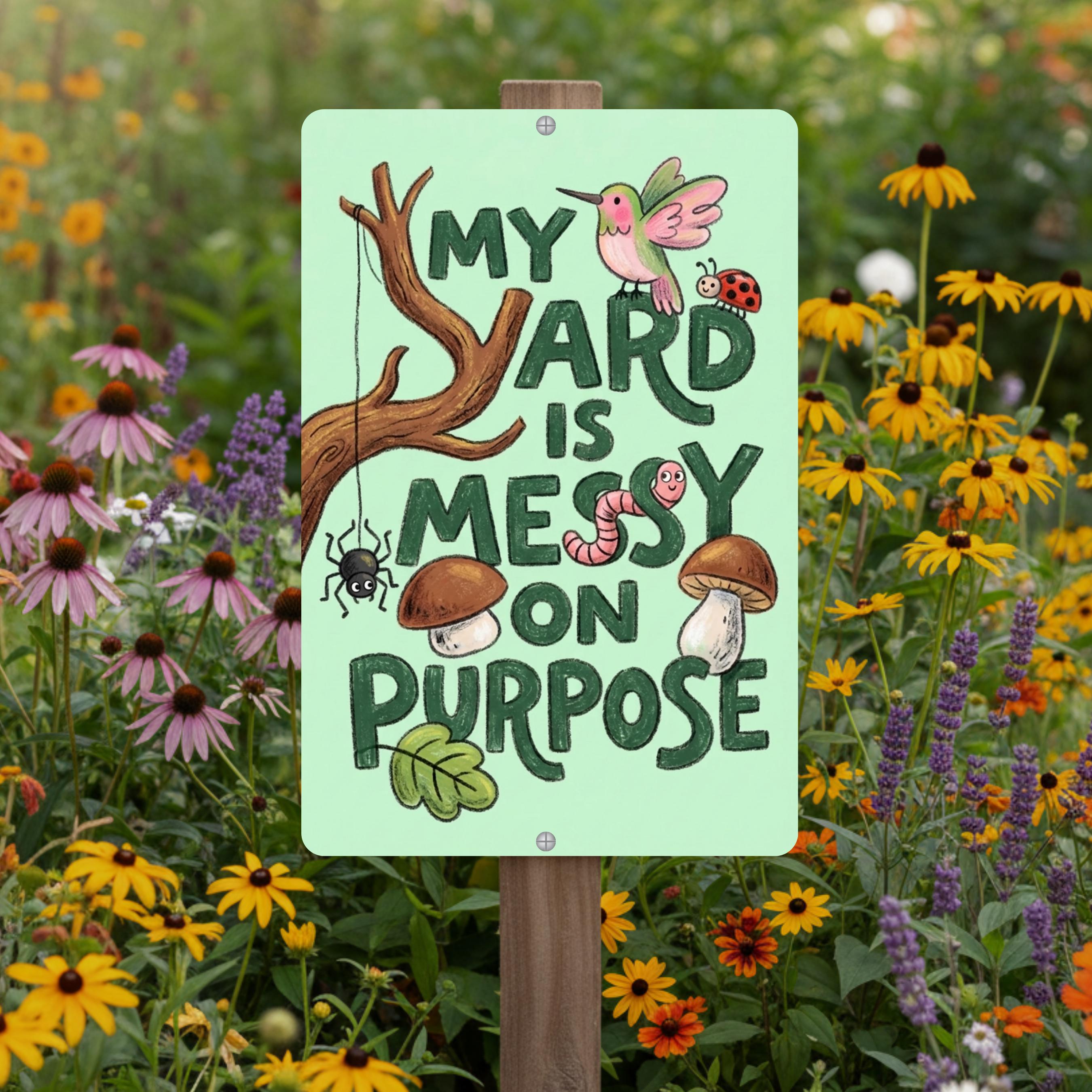 Messy On Purpose Pollinator Habitat Sign, 8x12 12x18 Outdoor Rated Aluminum Sign, Gift for Gardener