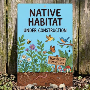 May include: A light blue metal sign with the words "NATIVE HABITAT UNDER CONSTRUCTION" in brown. The sign features illustrations of plants, insects, birds, and a sign that reads "BIODIVERSITY COMING SOON". The sign is set against a wooden fence.