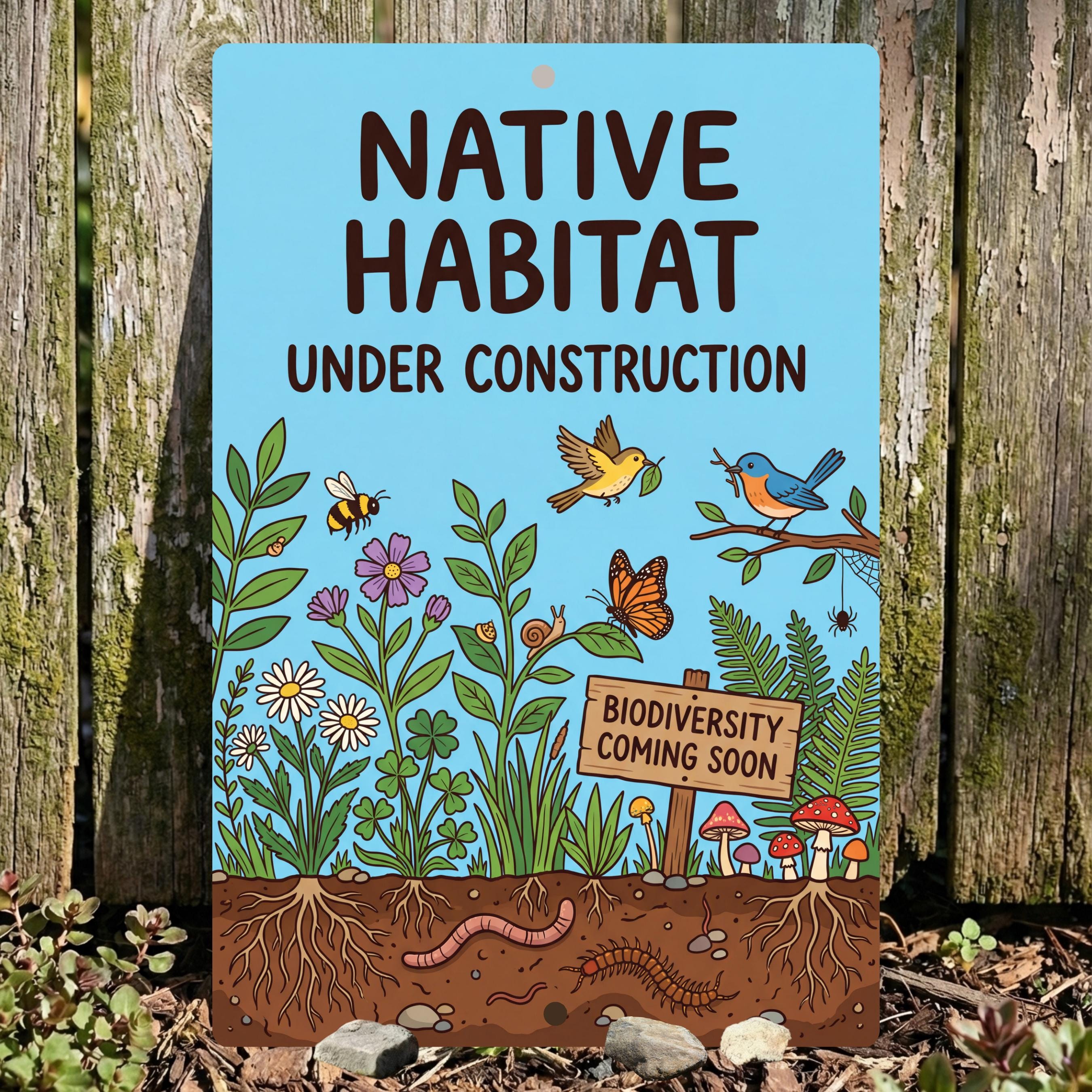 Native Habitat Under Construction Sign, 8x12 12x18 Outdoor Rated Aluminum Sign, Gift for Gardener