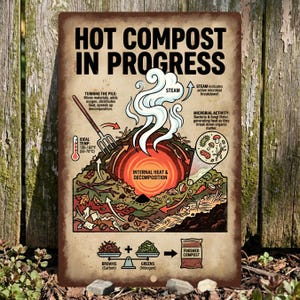 May include: A vintage-style metal sign with the words "HOT COMPOST IN PROGRESS" in bold letters. The sign illustrates the composting process, including internal heat, decomposition, and microbial activity. It also shows the ideal temperature range of 130-160°F (55-70°C).