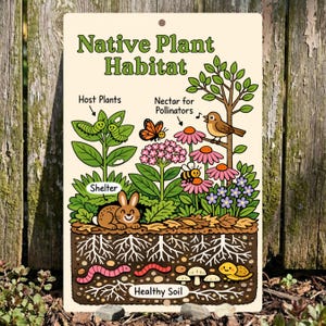 May include: A rectangular sign with the words "Native Plant Habitat" at the top. The sign illustrates a garden ecosystem with plants, insects, a bird, and a rabbit. The sign is beige with green, brown, pink, and yellow details.