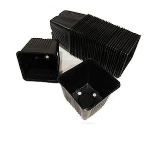 May include: A stack of black plastic square plant pots. The pots are ribbed and have drainage holes.