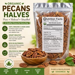 May include: A clear bag of organic pecan halves with a nutrition label, a wooden bowl of pecans, and scattered pecans. The text reads "Organic Pecans Halves" and "Pure, Natural, Unsalted". The image also includes the text "A Healthy Choice for Every Day".