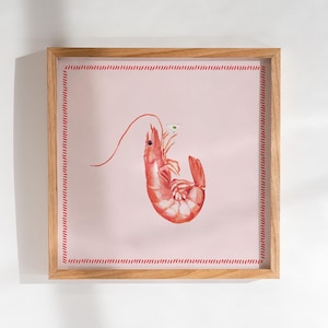 Arte maximalista de martini de camarones, arte mural con fotos imprimibles, póster preppy de mariscos para comedor costero, cóctel de camarones con lentejuelas para cocina femenina