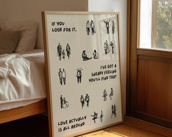 El amor en realidad está en todas partes. Impresión de arte de pared estético para dormitorio, arte de personas pequeñas, pequeños humanos caminando, impresión de arte de pared minimalista de personas retro.