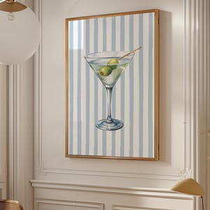 Impression sur verre à martini, aquarelle, art mural, bleu rétro, affiche de cocktail, chariot de bar moderne, Happy hour, décoration tendance, impression murale BCBG côtière
