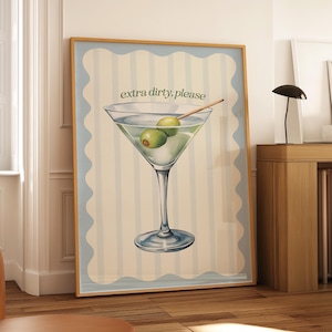 Impression sur verre à martini, aquarelle, art mural, bleu rétro, affiche de cocktail, chariot de bar moderne, Happy hour, décoration tendance, impression murale BCBG côtière