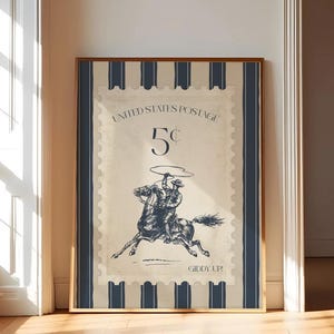Blue Vintage Striped Rodeo Print Western Bedroom Poster Cowboy Wall Art Rustic Mid West Mid Century Modern Decor Retro Western Aesthetic