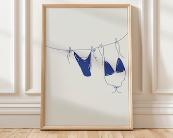 Navy Blue Bikini wall print Hand Drawn bikini hanging poster Digital Download Print Trendy Decor Wall Art-Decor Trendy coastal Summer Art