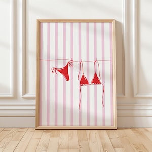 Bikini Print Pink Beachy Wall Art, Coastal Aesthetic Poster, Summer Digital Print, Bikini on Clothesline Trendy Wall Art, Preppy Print