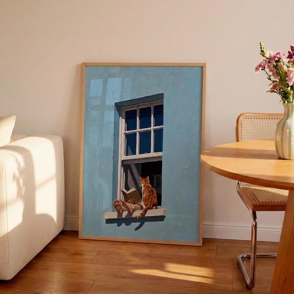 Arte mural digital minimalista azul, lámina estética de ventana de verano tranquilo, suave para amantes de los libros, arte mural para amantes de los gatos, decoración de dopamina, láminas murales de moda
