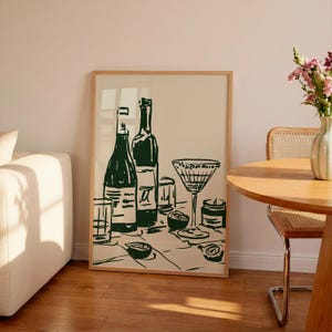 Decoración de cocina de gran tamaño con vino verde y cena, impresión de desayuno francés, arte de pared moderno para comedor, arte de comida minimalista dibujado a mano, cena