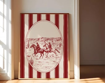 Red Art Vintage Drawing Western Print Cowboy Wall Art Trendy Vintage Western Cowgirl Art Vintage Western Decor, Western Cowboy Art Retro