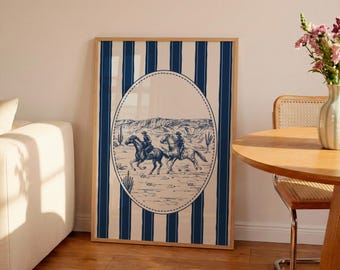 Blue Art Vintage Drawing Western Print Cowboy Wall Art Trendy Vintage Western Cowgirl Art Vintage Western Decor, Western Cowboy Art Retro