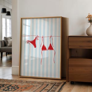 Red Blue Bikini Print, Blue Watercolor Striped Print, Bikini Hanging Print, Beachy Wall Art, Coastal Cowgirl Decor, Bikini Poster Swimsuit