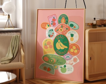 Digital Download  Vintage Fruit Stickers Art Print Pink Fruit Art  Food Art Kitchen Art  Bar Cart Art Fruit Wall Art trendy wall art dorm
