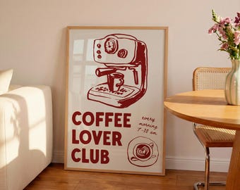 Coffee Club Art Print keukenposter, retro keuken muurkunst digitale rode koffie print handgetekende keuken print koffieliefhebber trendy muurkunst