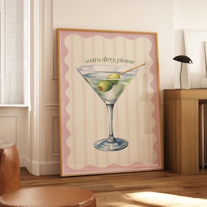 Art mural martini rose Art mural cocktail pastel à rayures Impression de chariot de bar à martini rose Impressions bar côtier Impressions d&#39;art de bar Martini Impressions aquarelles