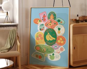 Digital Download  Vintage Fruit Stickers Art Print Blue Fruit Art  Food Art Kitchen Art  Bar Cart Art Fruit Wall Art trendy wall art dorm