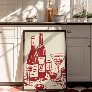 Large Size Red Wine and Dinner Kitchen decor, French Breakfast Print, Modern Dining room wall art, Hand Drawn Minimalist Food Art, Dinner