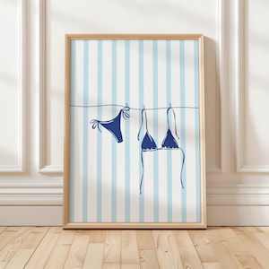 Bikini Print Blue Beachy Wall Art, Coastal Aesthetic Poster, Summer Digital Print, Bikini on Clothesline Trendy Wall Art, Preppy Print