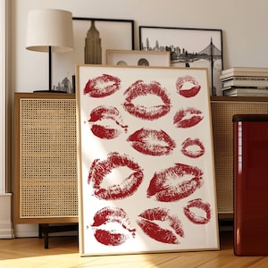 Retro Kuss Poster, Vintage Liebesbrief, rote Wandkunst, rosa Poster, Schlafzimmer Wanddekor, College Wohnheim Druck, Retro Lippen Druck, Liebe Wandkunst