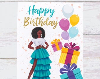 Happy Birthday Card for Her | Black Woman Birthday Card | Balloon Birthday Card | Colorful Celebration Card | Handmade Greeting Card-4