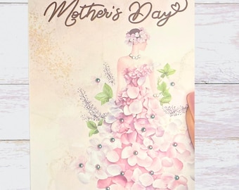 Elegant Mother’s Day Card for Mom | Pink Floral Card with Rhinestones | Luxury Handmade Mom Card | Beautiful Flower Greeting Card