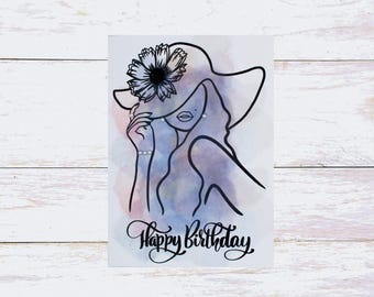 Floral Birthday Card for Her | Elegant Line Art Woman Card | Minimalist Flower Card | Chic Birthday Card | Handmade Greeting Card