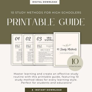 May include: Printable guide with 10 study methods for high schoolers. The guide features a black and white design with the text "10 Study Methods to suit various learning styles" and "10 Strategies".