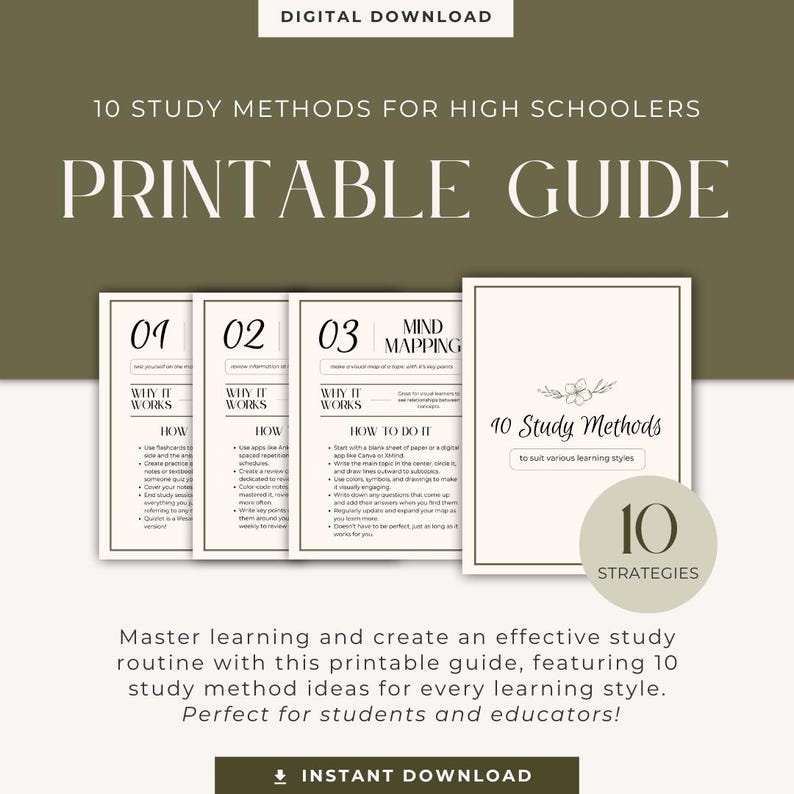 May include: Printable guide with 10 study methods for high schoolers. The guide features a black and white design with the text "10 Study Methods to suit various learning styles" and "10 Strategies".
